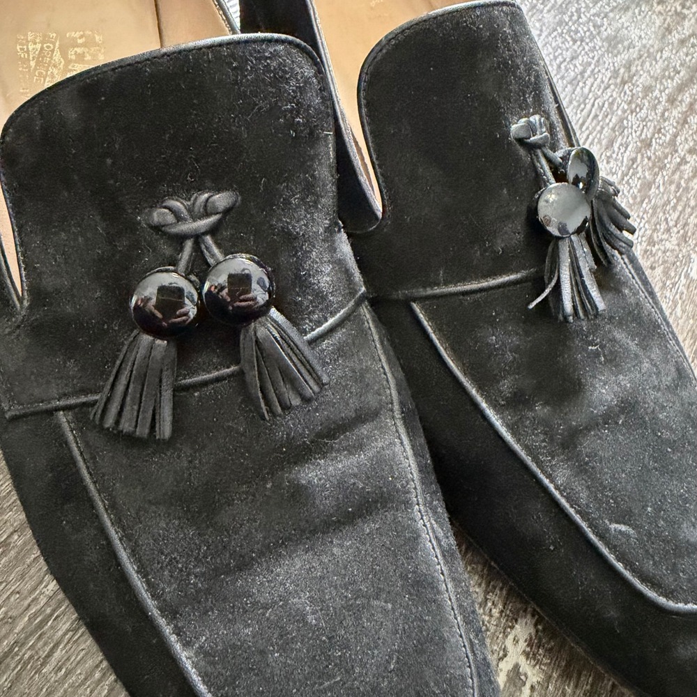 Salvatore Ferragamo Loafer Pump Women 9 Black Suede Tassel Square Toe Block Heel - Picture 7 of 8